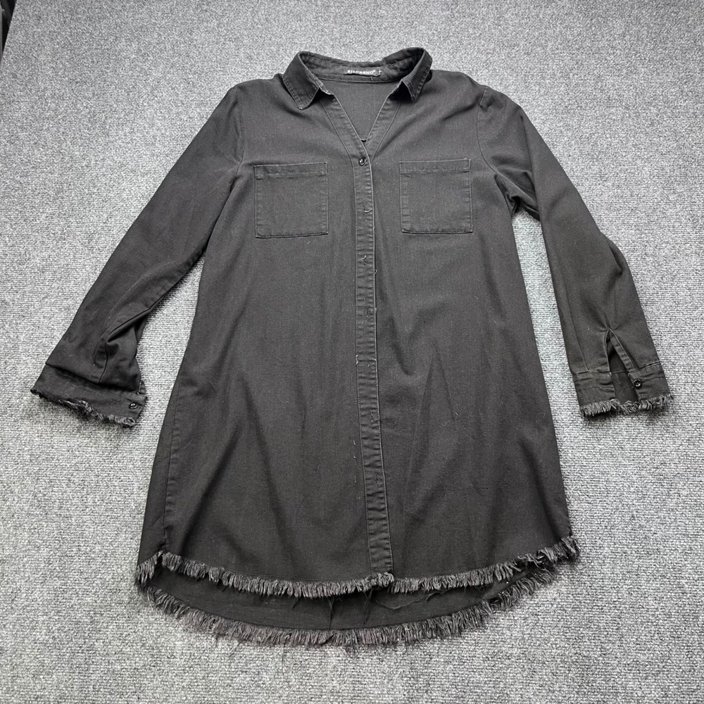 Zilcremo Fringe Raw Hem Button Up Denim Black Tunic Shirt Dress